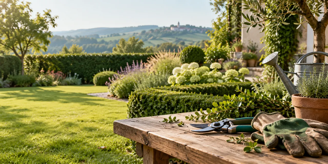 Gepflegter Garten mit Werkzeugen für die Kostenplanung