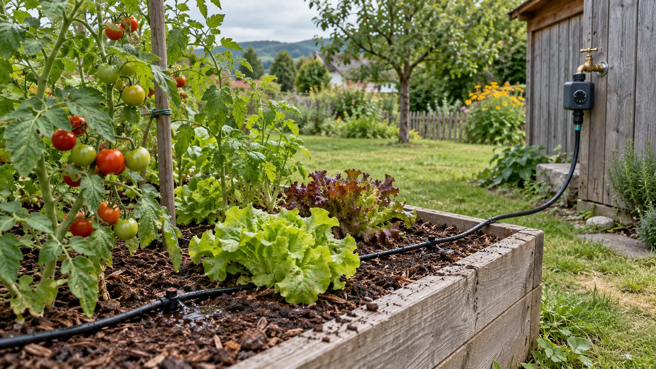 Tropfleitung im Holzhochbeet mit Tomaten und Salat, daneben ein unbeschrifteter Hahncomputer am Gartenschuppen