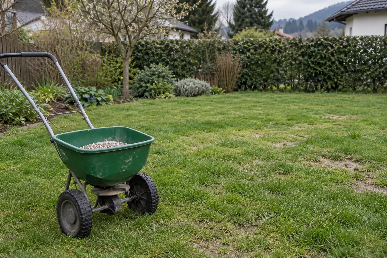 Gebrauchter Düngerstreuer auf einer Rasenfläche mit unterschiedlichen Wuchsstellen