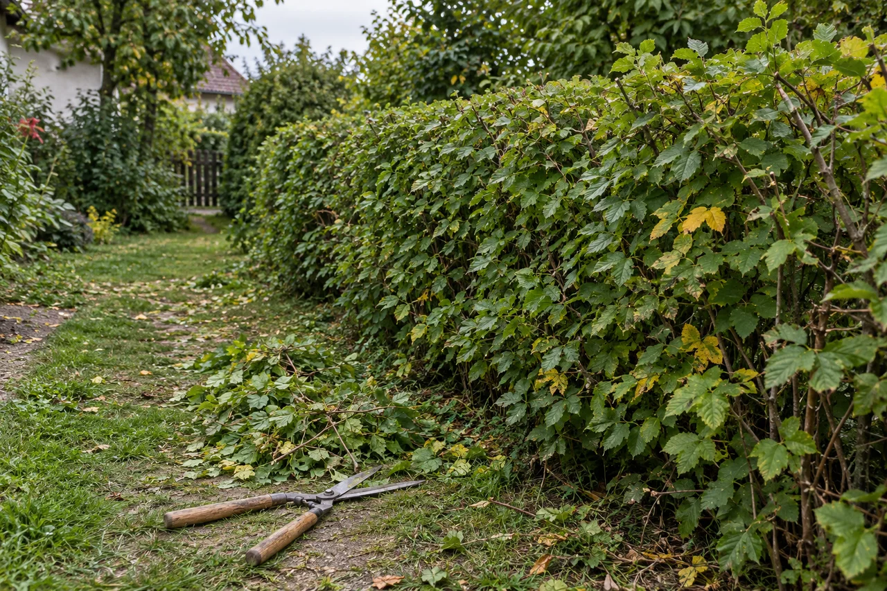 Gebrauchte Heckenschere und Schnittgut vor einer unregelmäßig gewachsenen Hecke