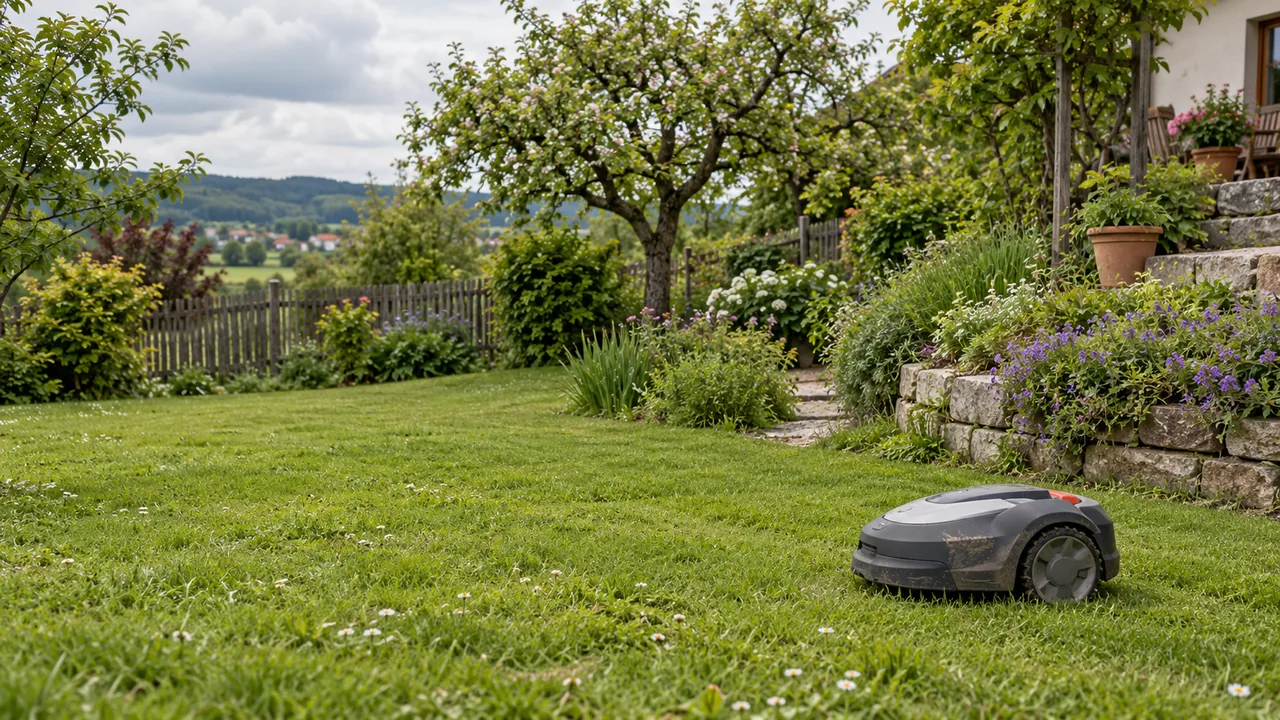 Unbeschrifteter Mähroboter auf Rasen neben einer bepflanzten Steinmauer und Obstbäumen; illustratives Gartenmotiv