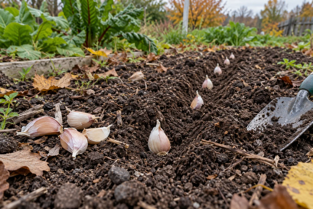 Knoblauchzehen und gebrauchte Pflanzkelle auf herbstlicher Beeterde