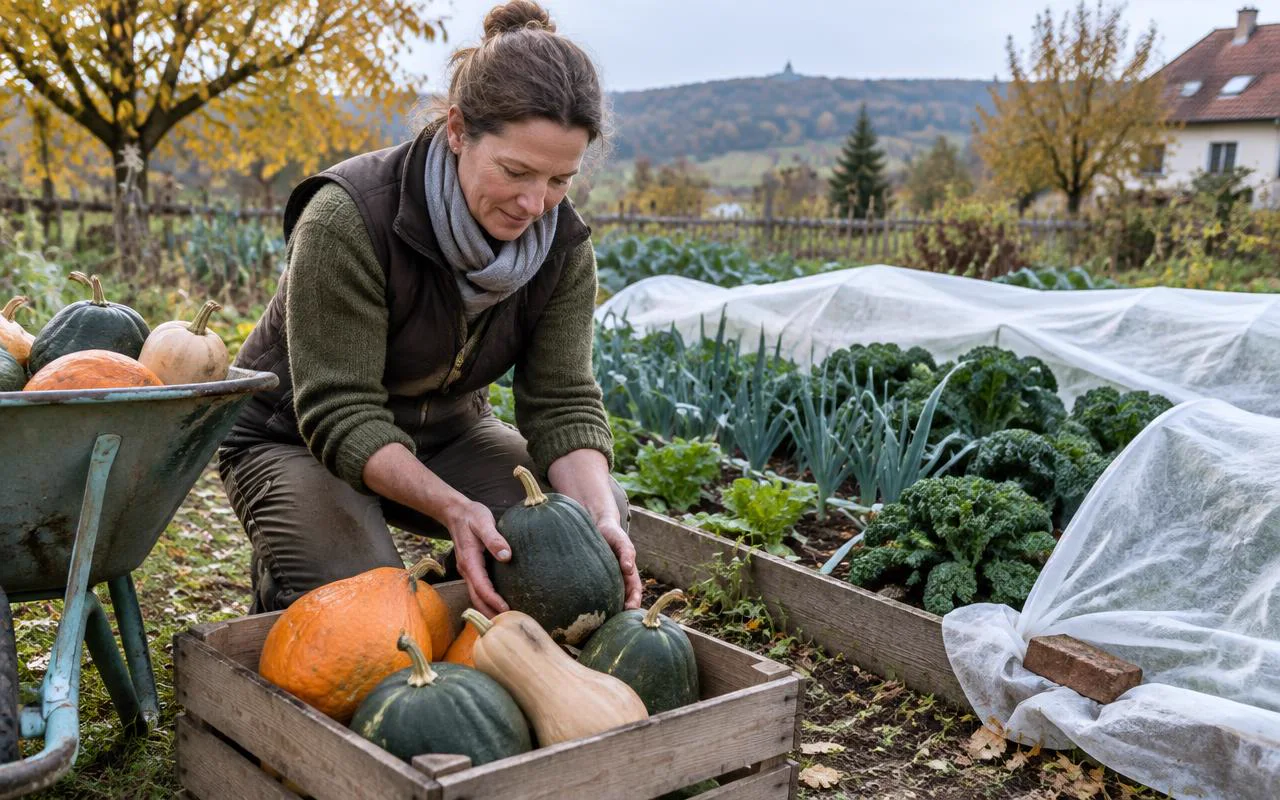 Gärtnerin erntet ausgereifte Winterkürbisse