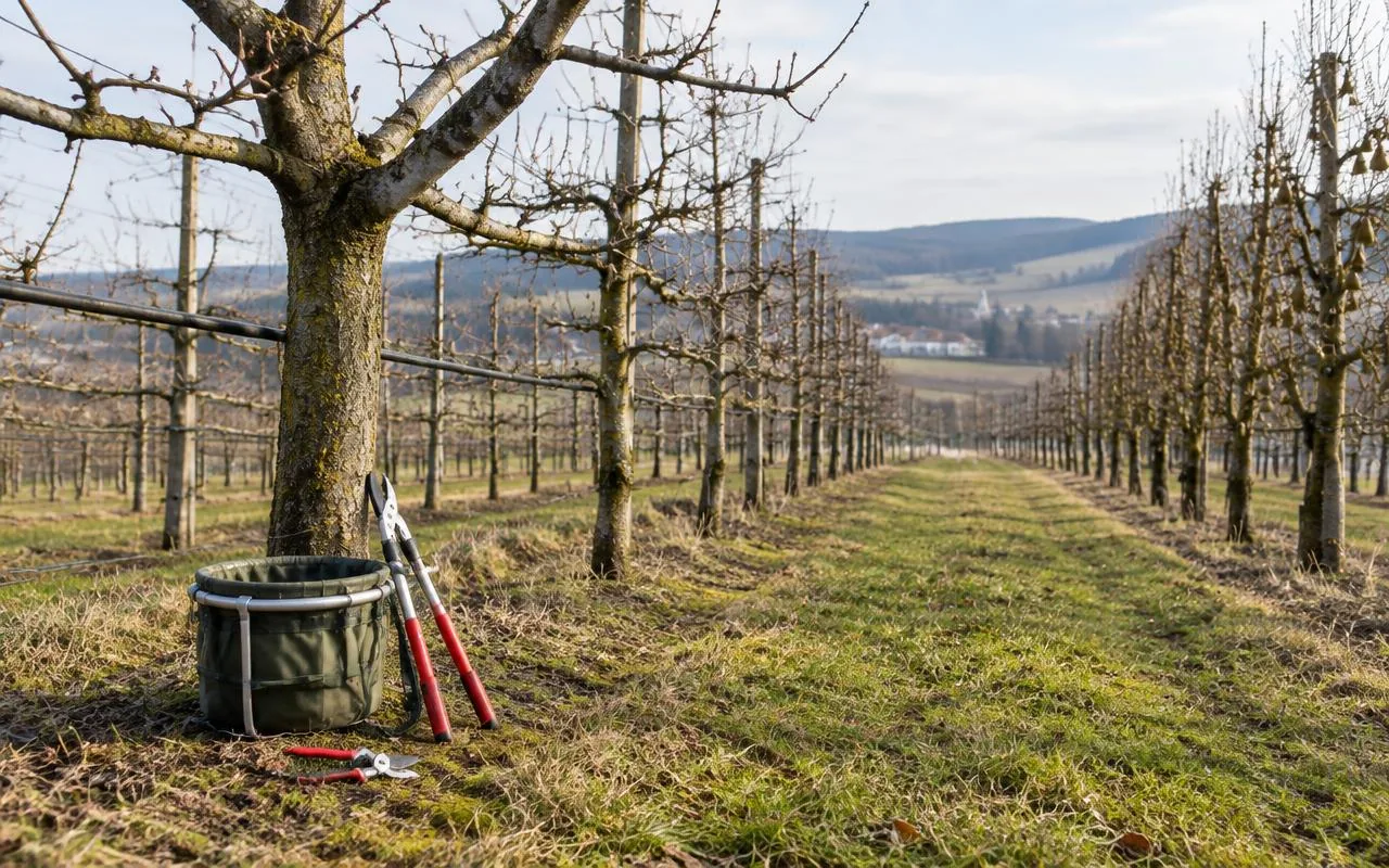Obstgarten im Spätwinter mit bereitgelegtem Handwerkzeug