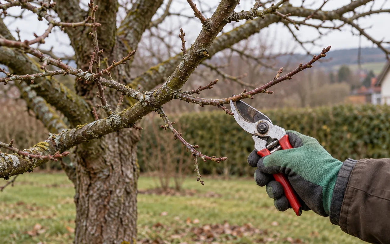 Hand mit Gartenschere vor den Zweigen eines Obstbaums im Spätwinter