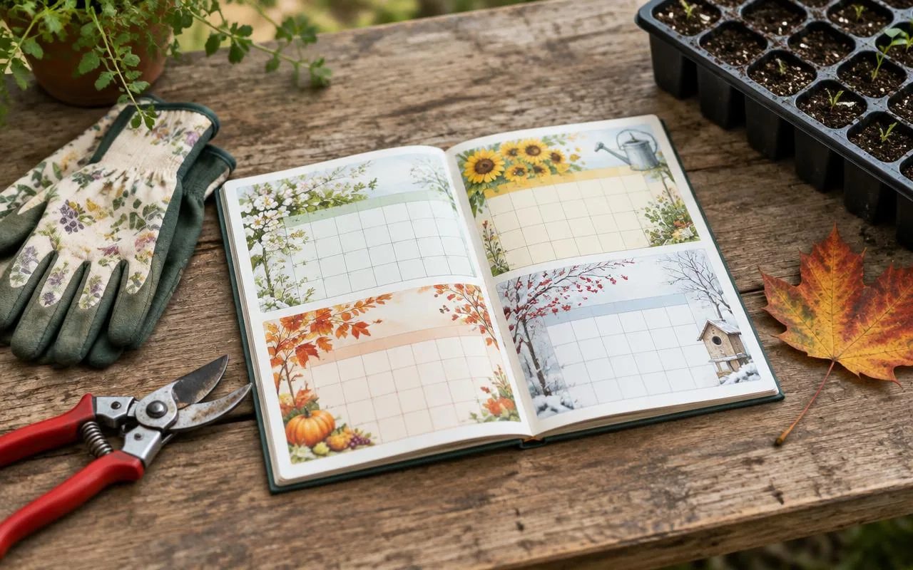 Gartenkalender mit Werkzeug, Jungpflanzen und Herbstblatt