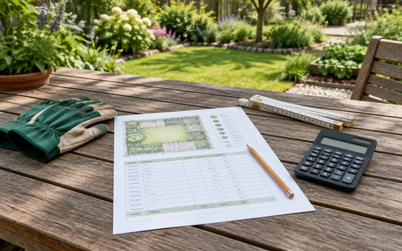 Gartenplan, Maßstab und Rechner auf einem Gartentisch