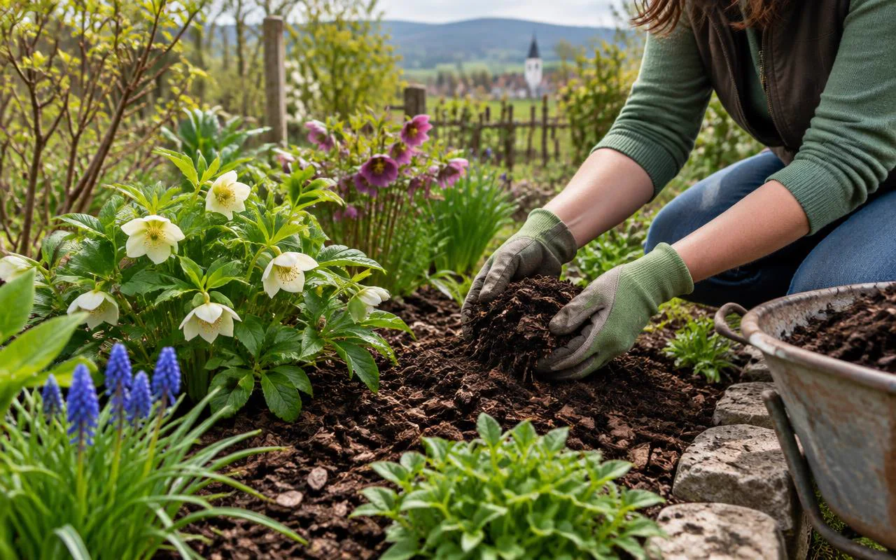Gärtnerin prüft und lockert tragfähigen Frühlingsboden