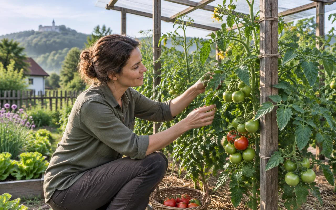 Gärtnerin kontrolliert angebundene Tomaten unter einem Regenschutz