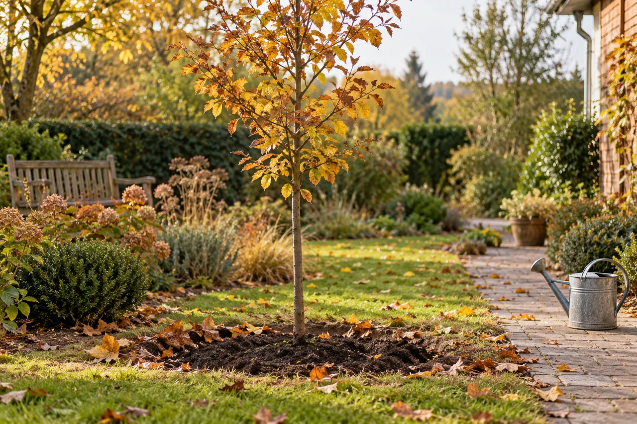 Jungbaum mit freier Stammbasis im herbstlichen Garten