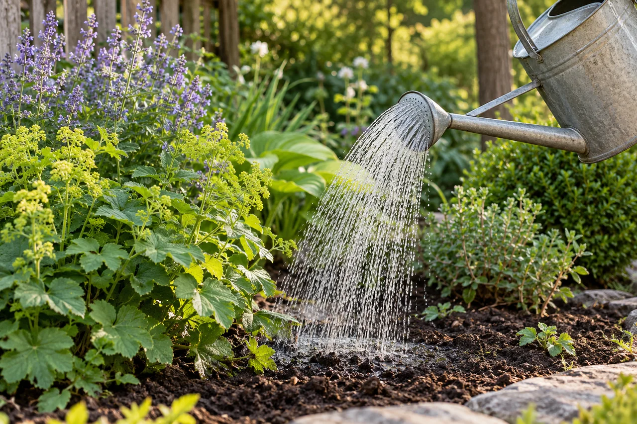 Gießkanne bewässert den Boden zwischen Gartenpflanzen