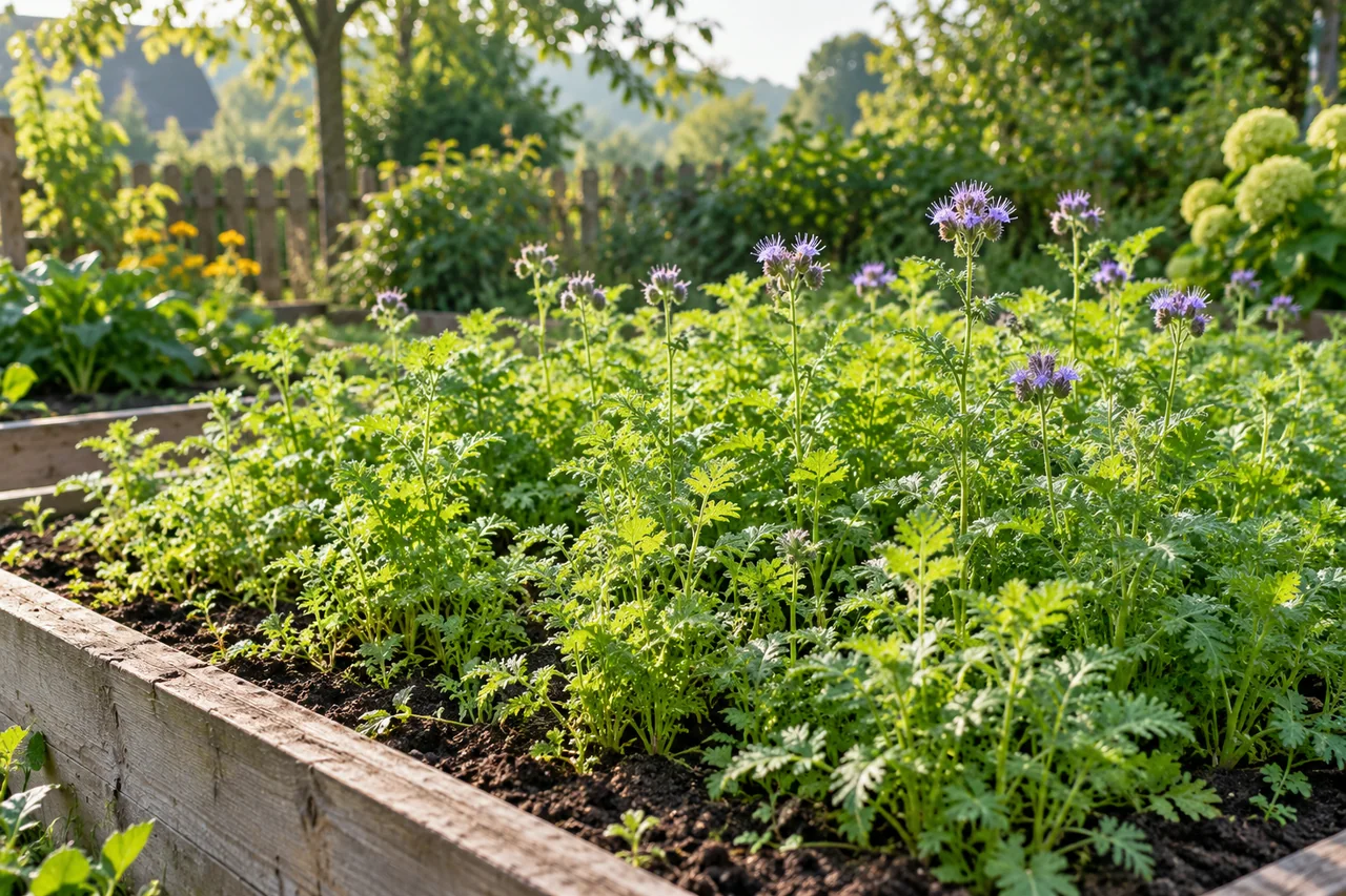 Gründüngung mit Phacelia auf einem Gartenbeet
