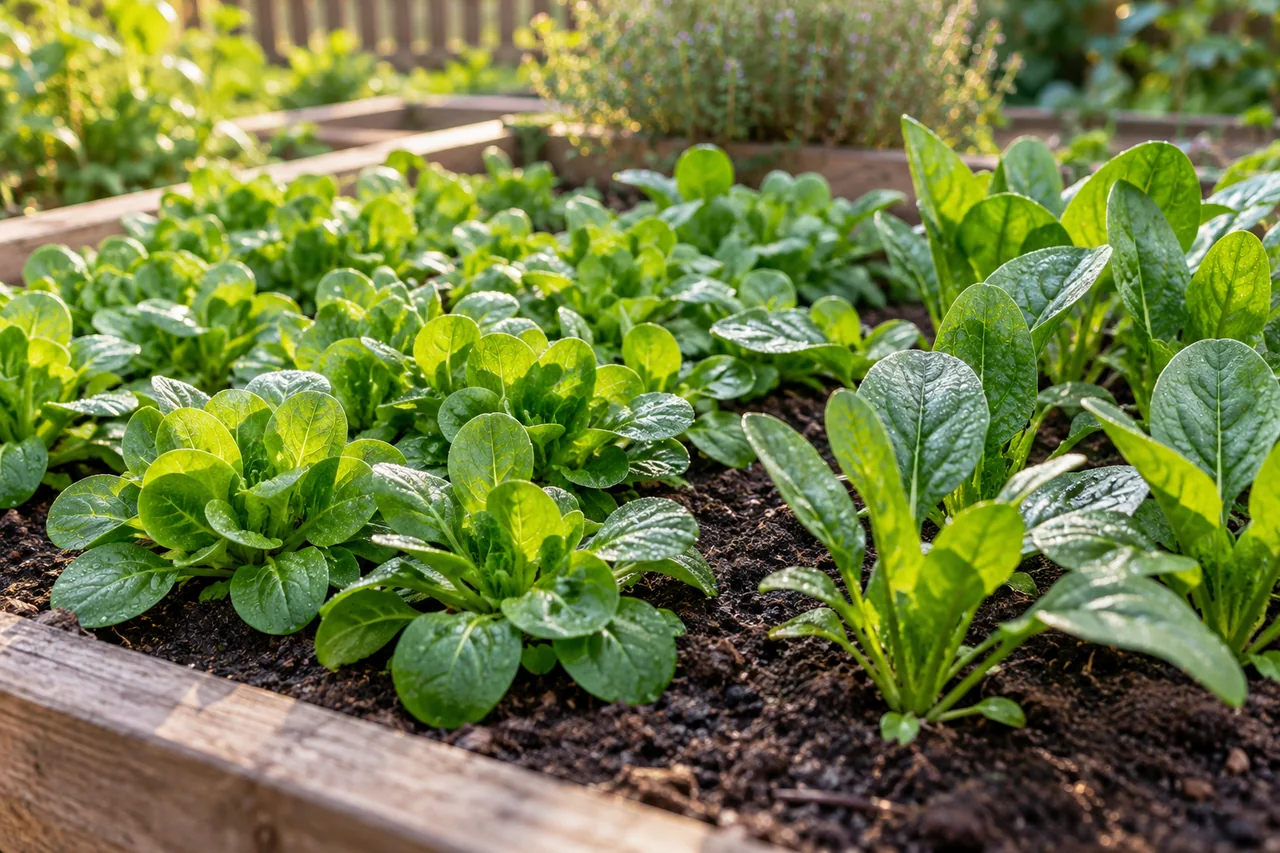 Rosetten von Vogerlsalat und junge Spinatpflanzen im Beet