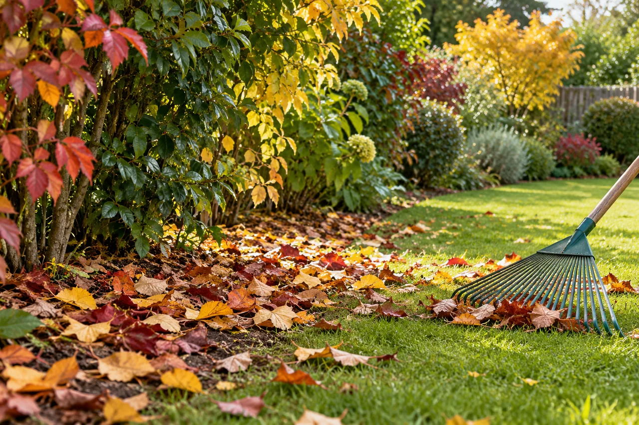 Herbstlaub unter einer Hecke neben einer Rasenfläche