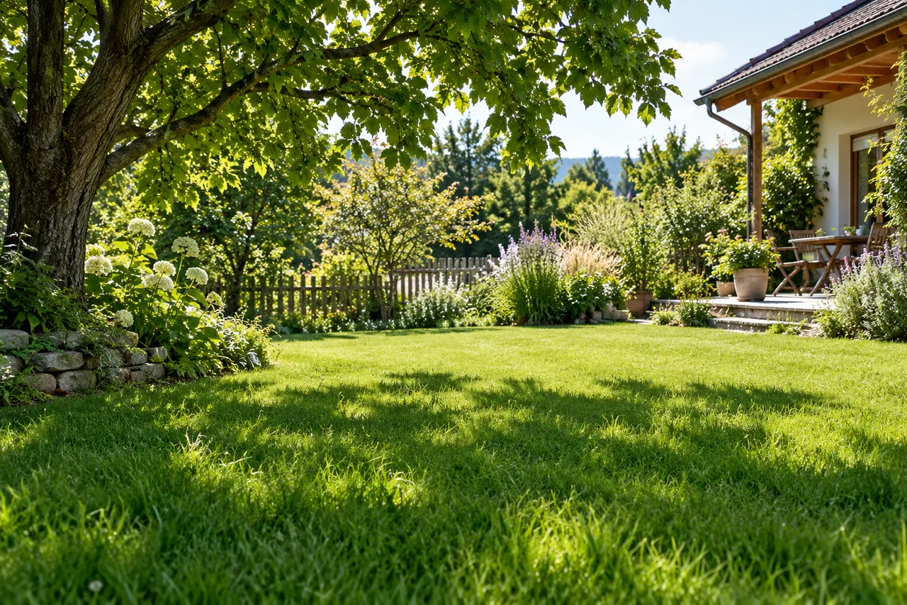 Sommerlicher Hausgarten mit höherem Rasen im Baumschatten