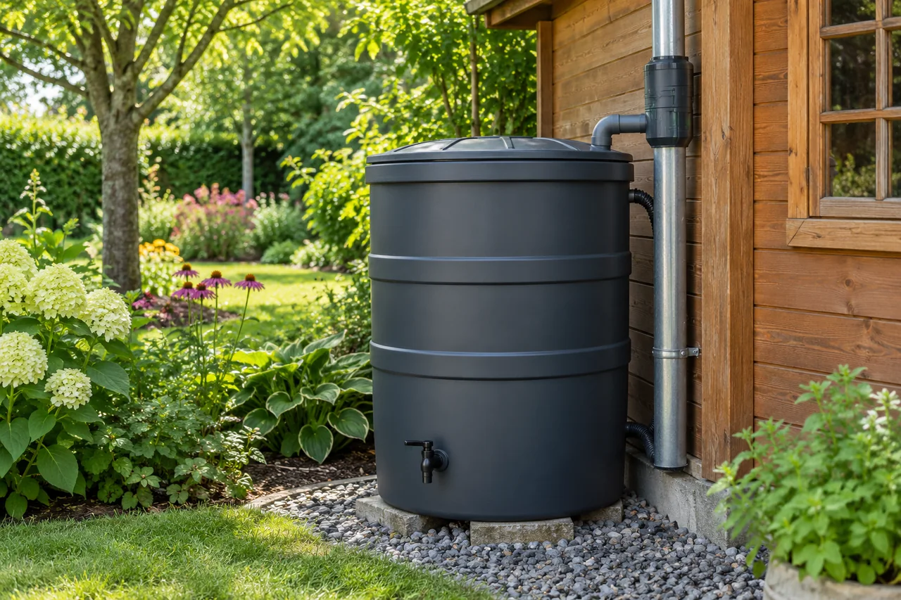 Geschlossene Regentonne neben einer Gartenhütte