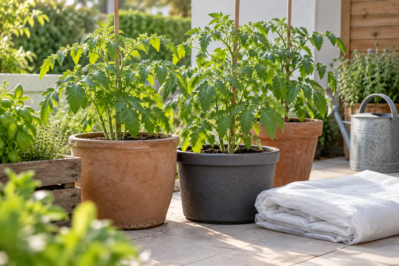 Junge Tomatenpflanzen und bereitgelegtes Gartenvlies