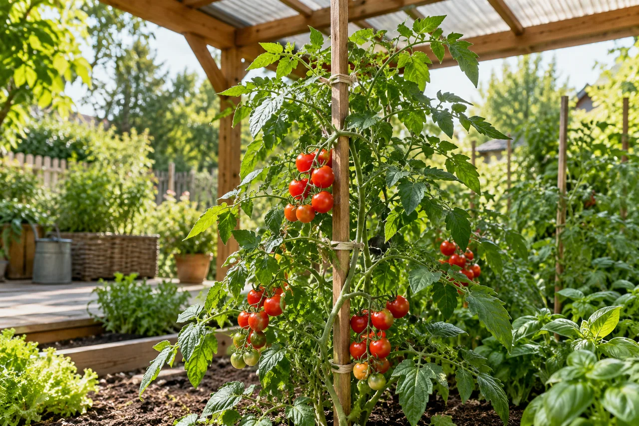 Tomatenpflanze an einer Stütze unter einem offenen Regendach