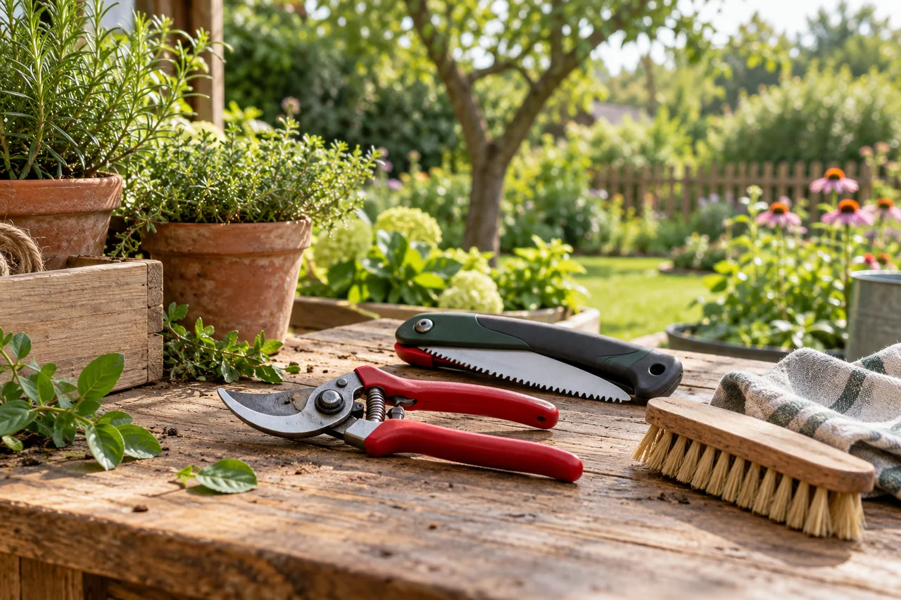 Gartenschere, Klappsäge, Bürste und Tuch auf einer Werkbank