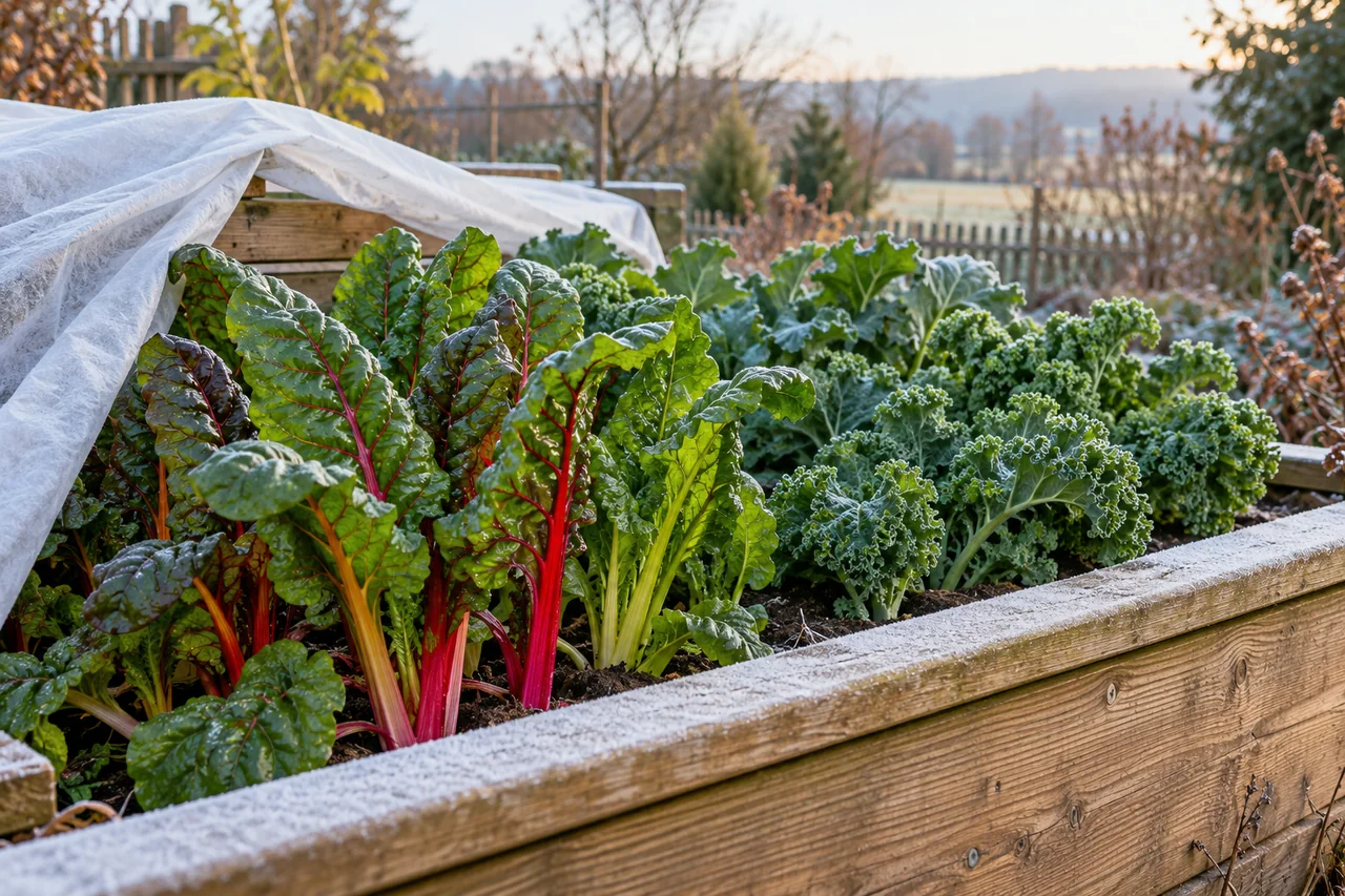 Wintergemüse im Hochbeet mit zurückgeschlagenem Vlies