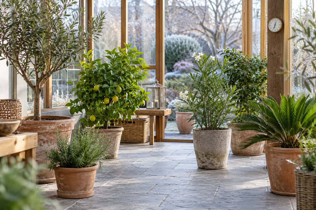 Kübelpflanzen in einem hellen geschützten Winterraum